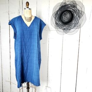 Checkered Blue Cotton Pullover Dress, Sz XL